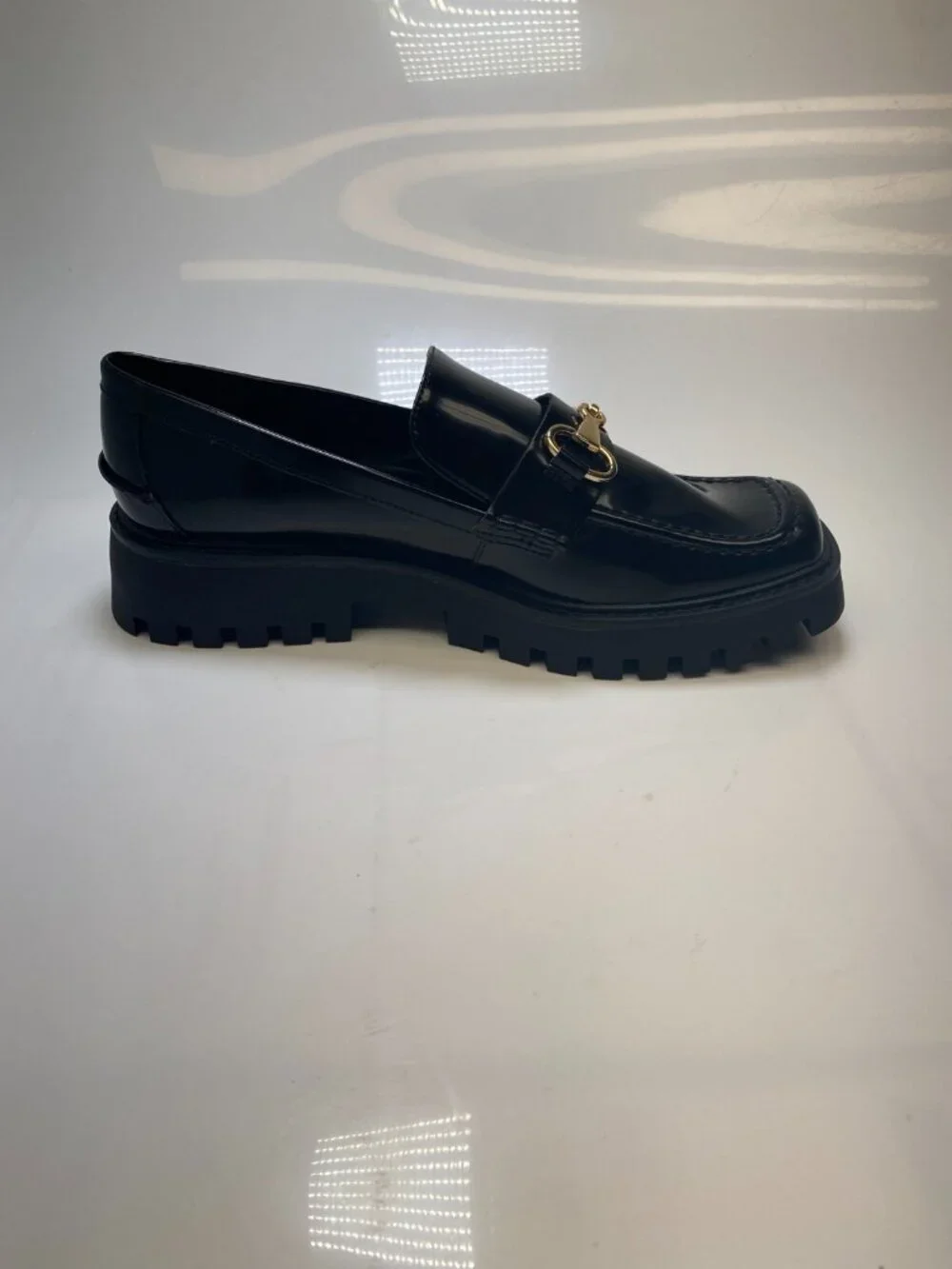 Open Edit Women's Black Lug Patent Leather Gold Hardware Loafer Sz 9m